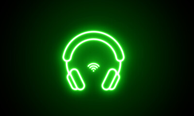 Outline Headphone with wi-fi symbol neon sign. Earphones, Wifi, communication, technology concept. Advertisement design. Night bright neon sign, colorful billboard, light