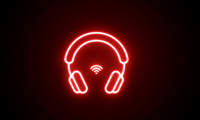 Outline Headphone with wi-fi symbol neon sign. Earphones, Wifi, communication, technology concept. Advertisement design. Night bright neon sign, colorful billboard, light