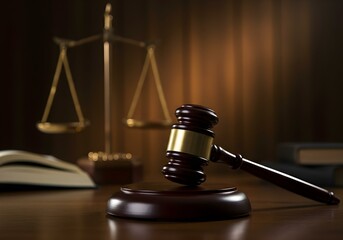 justice concept showing judge hammer and gold weighing scales on wood

