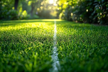 a crisp white line painted on lush green grass with blurred background lighting