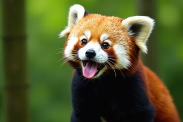 Adorable red panda, tongue out, enjoying bamboo , fluffy, zoo, sweet