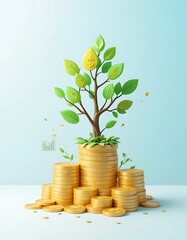 A vibrant 3D illustration of a tree growing from a stack of coins, with leaves shaped like dollar signs and upward-trending graphs.