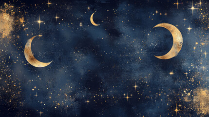 Naklejka premium Mystical Night Sky with Golden Crescent Moons and Sparkling Stars