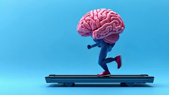 A running human brain on a treadmill, symbolizing mental exercise, cognitive development, brain health, and the importance of fitness for psychological well-being.