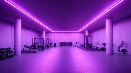 Purple-lit underground gym; workout equipment; city building background; fitness advertising