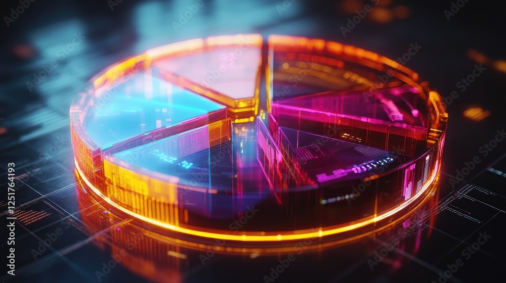 Poster a glowing d pie chart with transparent sections, hovering in a digital space, with each segment repr