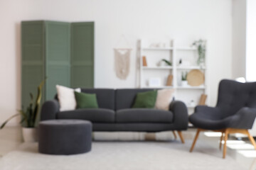 Interior of modern living room with grey sofa, armchair, ottoman and folding screen