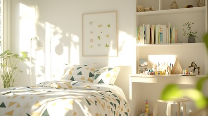 Sunlit Childrens Bedroom Featuring Geometric Bedding