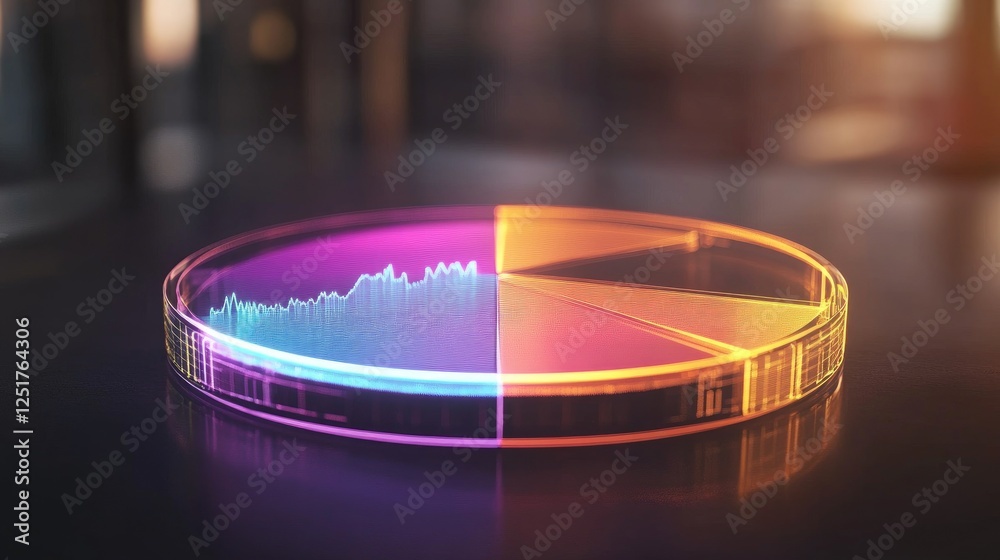 Poster a glowing d pie chart with transparent sections, hovering in a digital space, with each segment repr