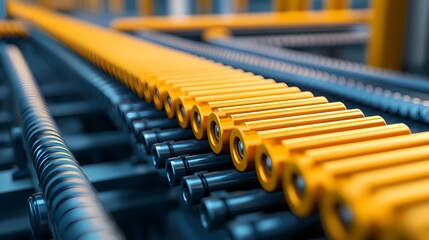 Fototapeta premium A close-up view of industrial machinery showcasing vibrant yellow rollers on a conveyor system, emphasizing precision and functionality in manufacturing processes.