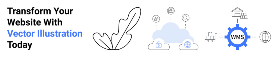 Leaf icon, cloud storage network with linked icons, WMS gear, house, and globe icons. Ideal for business, tech, logistics, innovation efficiency collaboration flat landing page banner
