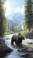 Majestic grizzly bear fishing in a sparkling river surrounded by lush forests and grand mountains