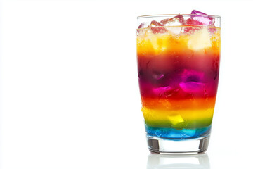 Rainbow cocktail with ice in a tall glass on white background.