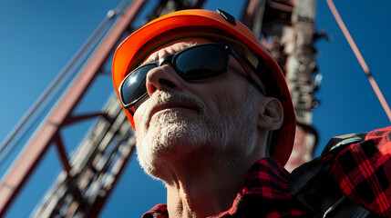 Construction worker with hard hat and sunglasses at high-rise site. Generative AI