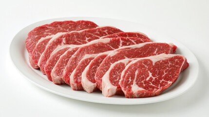 A high-definition image of a steak cut into slices, revealing its juicy interior, arranged neatly on a white plate with a clean, white background.
