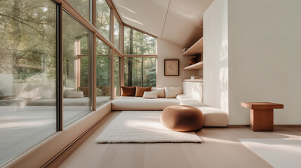 Salon minimaliste moderne avec vue sur forêt, design japonais zen et lumière naturelle