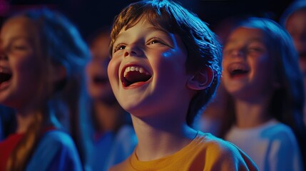 Fototapeta premium A joyful children's choir singing together in a school auditorium, their faces lit up with excitement and happiness, illustrating the joy of music in education.