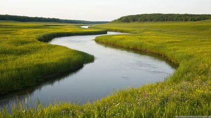 Serene river flowing through lush green fields rural landscape nature photography peaceful environment wide-angle view tranquility concept for seo impact