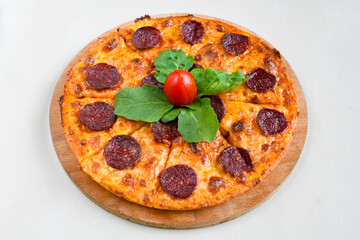 Traditional Turkish cuisine. Pizza, pita, pidesi, sucuk, hummus, kebab. Many dishes on the table. Serving dishes in restaurant. Mix, formaggi, veggie pizza. Top view, flat lay