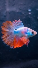 Fototapeta premium A vibrant fish with blue and orange hues gracefully swimming against a dark background.