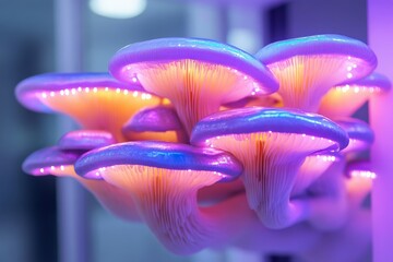 A vibrant collection of mushrooms with soft hues of pink and purple glowing in a modern artistic style, showcasing nature&rsquo;s creativity and inspiring the imagination.