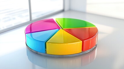 Obraz premium A modern D pie chart with colorful, glass-like slices rotating slightly, highlighting key data points in a business or financial presentation setting.