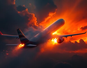 Dramatic Airplane Sunset Flight Fire Engine Dramatic Image