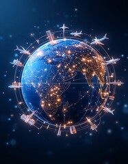 Obraz premium 3D render of a globe with glowing lines connecting major cities, symbolizing global trade. Floating around it are icons like cargo ships, airplanes, and currency symbols