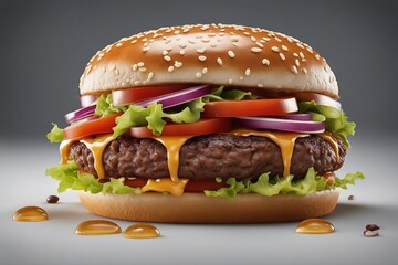 Delicious Meat Burger Loaded with Tasty Toppings. Juicy Meat Burger on a Perfectly Toasted Bread. Generative AI