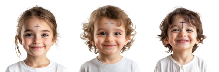 A Set of Kids with Ash Crosses on Their Foreheads Expressing Joy Isolated on Transparent Background