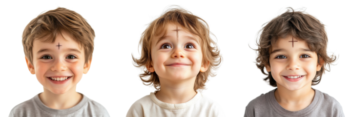 A Set of Happy Children with Forehead Ash Crosses Isolated on Transparent Background