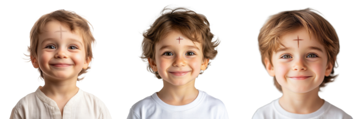 A Set of Religious Children Marked with Ash Crosses Isolated on Transparent Background