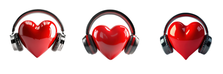 A Set of Vibrant Red Hearts with Sleek Wireless Headphones Isolated on Transparent Background