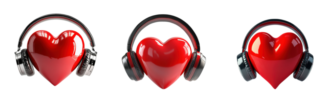 A Set of Vibrant Red Hearts with Sleek Wireless Headphones Isolated on Transparent Background