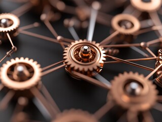 Intricate copper gears interconnected in mechanical network, showcasing precision and craftsmanship