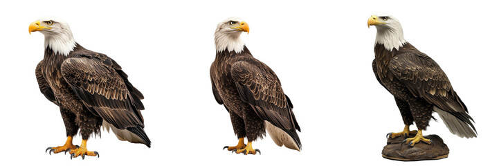 Obraz premium A Set of Majestic Bald Eagles Posing with Stunning Details Isolated on Transparent Background