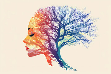 Woman's profile blended with colorful tree silhouette in artistic design. Generative AI