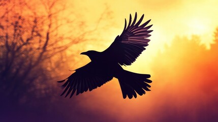 Obraz premium A powerful image of a bird in flight, captured as a silhouette against a dramatic sunset sky, highlighting the wingspan and motion of the bird.