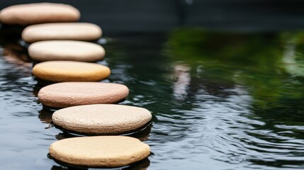 Fototapeta premium Stepping stones over tranquil water serene garden nature photography outdoor environment close-up view peaceful concept for mindfulness