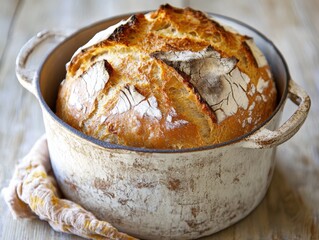 Freshly baked artisanal bread in a rustic pot, showcasing a golden crust with cracks and textures...