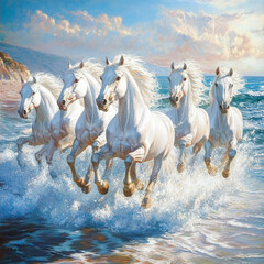 Obraz premium White horses with flowing manes gallop along the shimmering shoreline, their powerful forms contrasting against the vibrant sea.