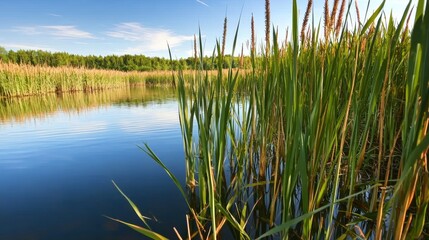 Fototapeta premium Calm waters reflect nature's beauty serene lake landscape photography tranquil environment close-up view peaceful concept