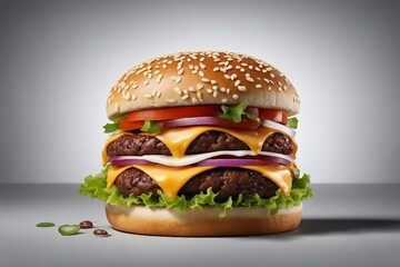 Large Fresh Burger with Cheese and Bacon, Isolated on a White Background. Generative AI