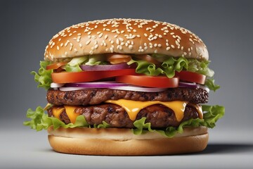 Large Fresh Burger with Cheese and Bacon, Isolated on a White Background. Generative AI