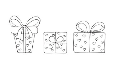 Hand drawn gift boxes set. Vector illustration in doodle style.