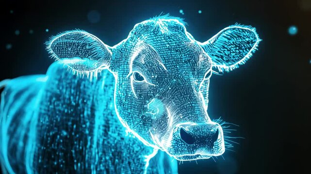A digital cow depicted with blue glowing pixels and lines against a dark background