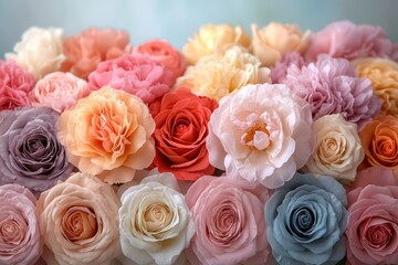 Obraz premium A vibrant arrangement of various roses in soft pastel colors.