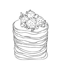Stack of pancakes with berries. Hand drawn vector illustration. Doodle style