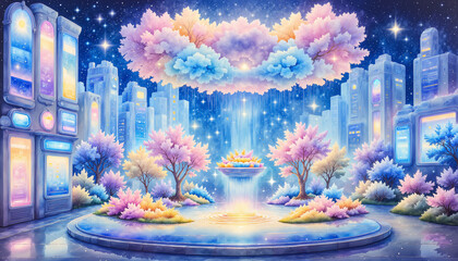 Serene dreamscape with glowing fountain and pastel trees, enchanting beauty
