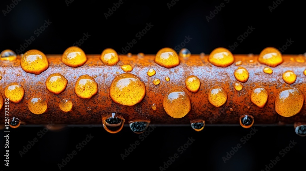 Sticker Rusty pipe, water droplets, macro, dark background, texture